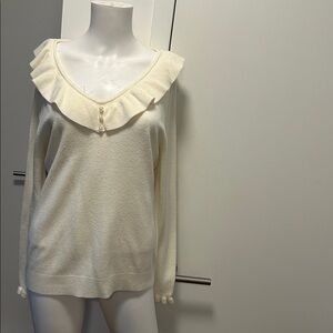 Debbie Morgan Cream V-Neck Sweater with Ruffle Detail